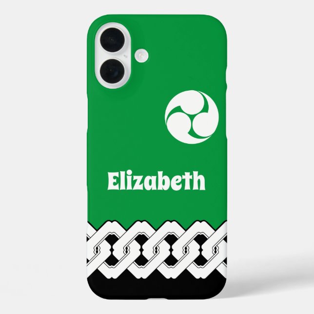 Grüne japanische Kette und Spiralmuster iPhone 16 Plus Hülle (Rückseite)