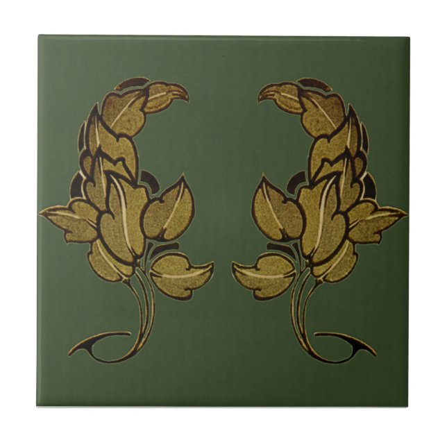 Grüne Jugendstil-Blätter Akzente Keramik Tile Fliese (Vorderseite)