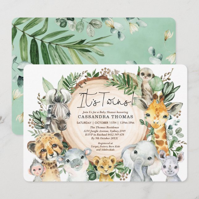 Grüne Jungle Party Tiere Twins Kinderdusche Einladung (Vorne/Hinten)