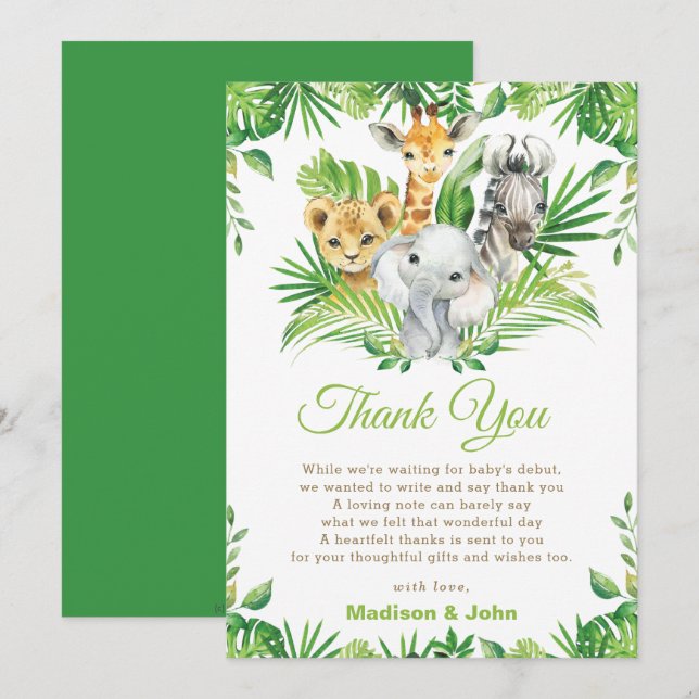Grüne Jungle Tiere Geschlecht Neutrale Baby Dusche Dankeskarte (Vorne/Hinten)