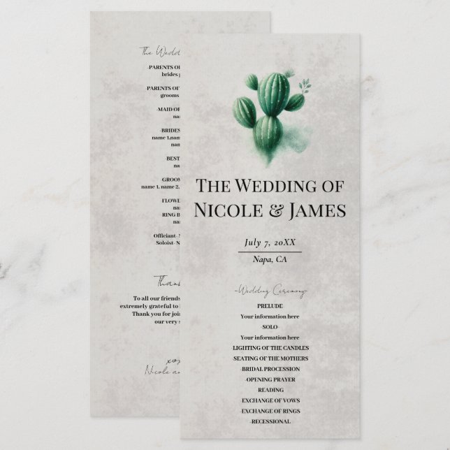 Grüne Kakteen Stone Gray Wedding Program Menükarte (Vorne/Hinten)