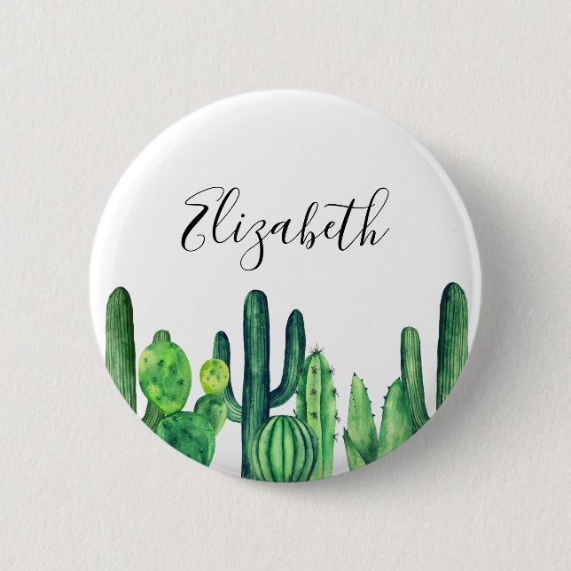 Grüne Kakteen. Wasserfarbenkakteen. Modernes botan Button (Vorderseite)