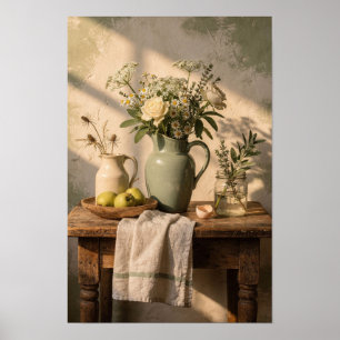 Grüne Kanne mit Gänseblümchen und Birnen Poster