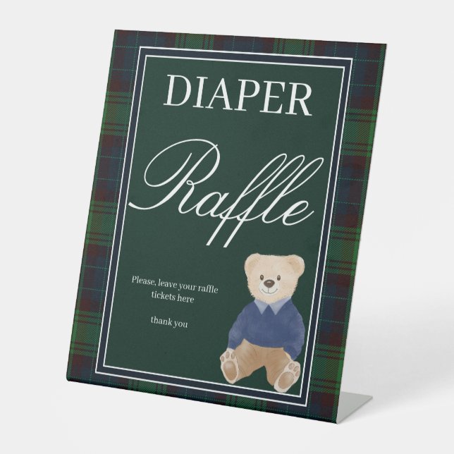 Grüne karierte Teddy Bär Babydusche Windelpreisraf Sockelschild (Vorderseite)