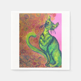 grüne Katze auf rosa Serviette