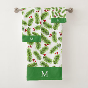 Grüne Kiefern und Berries Mit Monogramm Badhandtuch Set