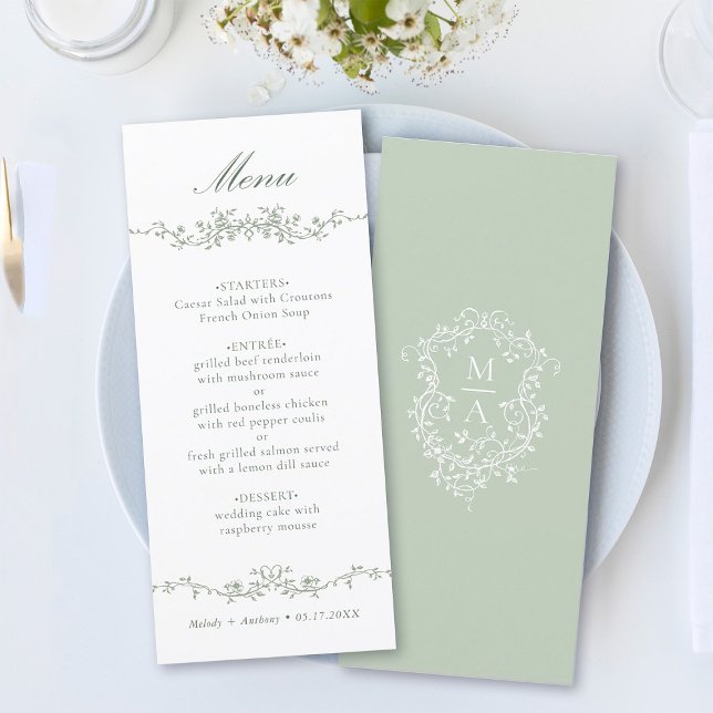 Grüne klassische Blumenzwiebelhochzeit Menükarte (Front & Back)