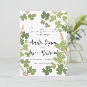Grüne Kleeblatt-Frühlingswildblumen-Hochzeit  Save The Date