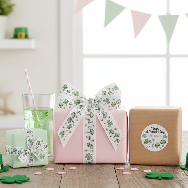 Grüne Kleeblätter und Herzen 3" Ripsband (Cute St Patrick's Day Irish Ribbon. Cute Gender Neutral Green Shamrocks, Hearts & Mushrooms for Bday)