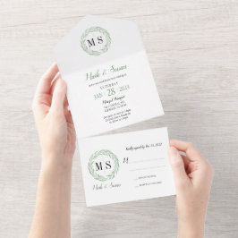 Grüne Kleider-Monogramm Hochzeit in einer Einladun All In One Einladung