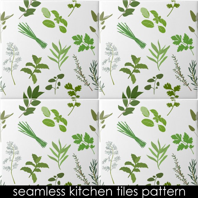Grüne Kochenkraut Küche Nahtloses Muster Fliese (Green Cooking Herbs Kitchen Seamless Pattern Ceramic Tile)