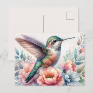 Grüne Kolibri-Blumen-Aquarell-Postkarte Postkarte