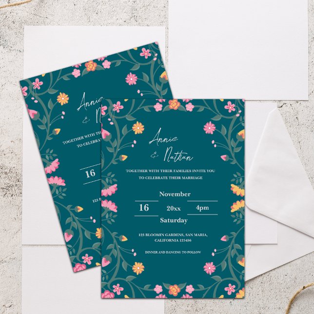 Grüne, komplexe Blumenrahmen - Einladung zur Hochz (Green Intricate Floral Frame Wedding Invitation)