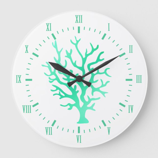 Grüne Koralle und römische Zahlen aus Meerglas Große Wanduhr (Vorderseite)