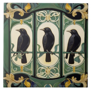 Grüne Krähenvögel Art Nouveau Art Deco Schwarzer V Fliese