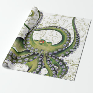 Grüne Kraken-Vintages Karten-Weiß Geschenkpapier