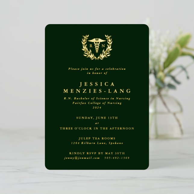 Grüne Krankenschwester Caduceus+Laurel Wreath Folieneinladung (Stehend vorne)