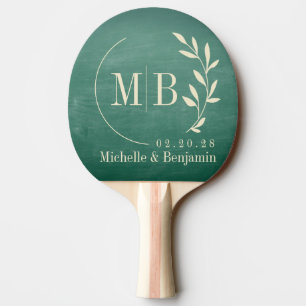 Grüne Kreidetafel-Blatt-Hochzeitsmonogramm Tischtennis Schläger