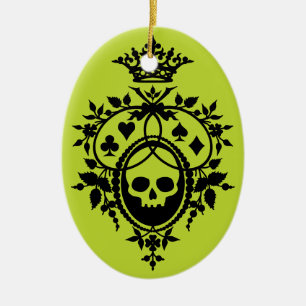 Grüne Krone mit Totenkopf und Kartensymbolen Keram Keramik Ornament