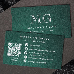 Grüne Kunstleder Weiße Monogramm-Website-QR-Code Visitenkarte