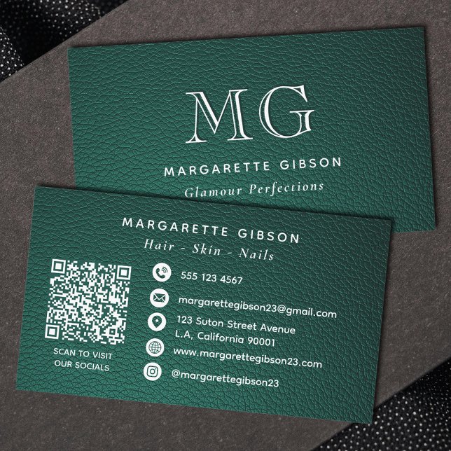 Grüne Kunstleder Weiße Monogramm-Website-QR-Code Visitenkarte (Von Creator hochgeladen)
