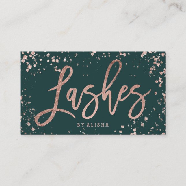 Grüne Lashes Drehbuch Rose Gold Confetti Spritzer Visitenkarte (Vorderseite)