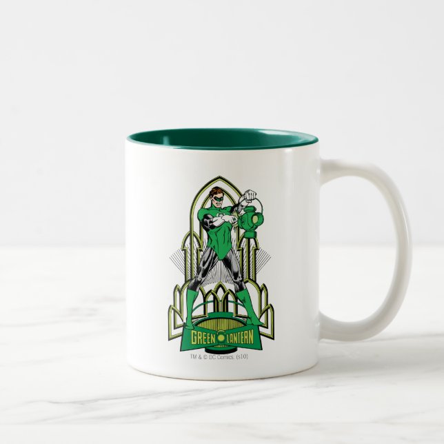 Grüne Laterne auf dekorativem Hintergrund Zweifarbige Tasse (Rechts)