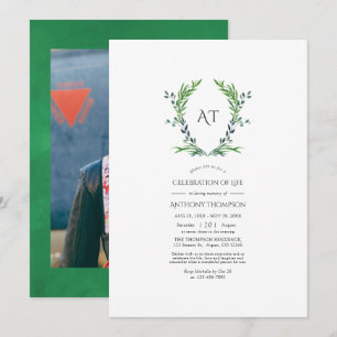 Grüne Laurel Wappen Monogram Celebration of Life Einladung