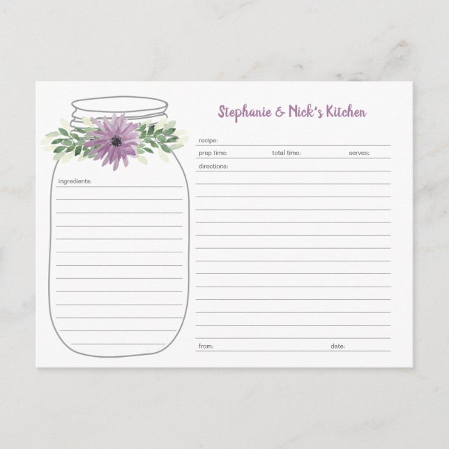Grüne Lavendel Floral Mason Jar Rezept Karten (Vorderseite)