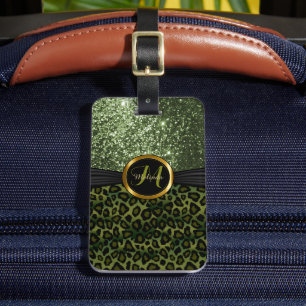 Grüne Leopardenhaut und Glitzer - Monogramm Gepäckanhänger