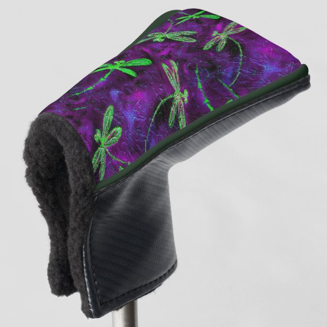 Grüne Libellen auf Lila Golf Headcover (3/4 Vorderseite)