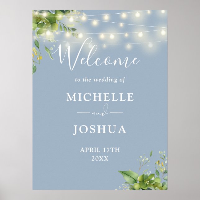 Grüne Lichter Dusty Blue Wedding Willkommenszeiche Poster (Vorne)