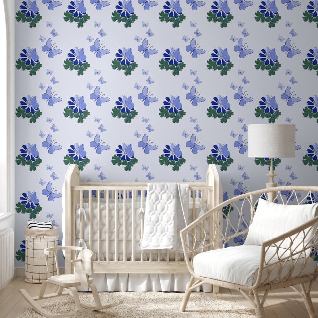 Grüne Lila blaue Doodle Blüten Schmetterlinge Akze Tapete (Kinder)
