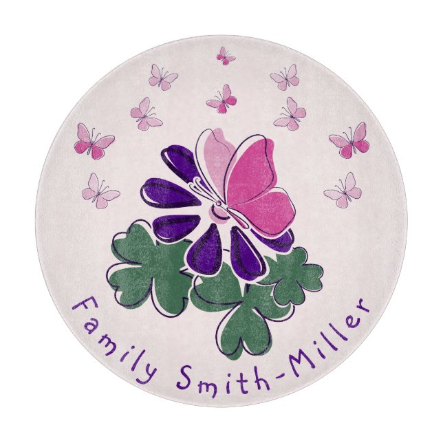 Grüne Lila Blume Rosa Schmetterling Doodle Glas Schneidebrett (Vorderseite)