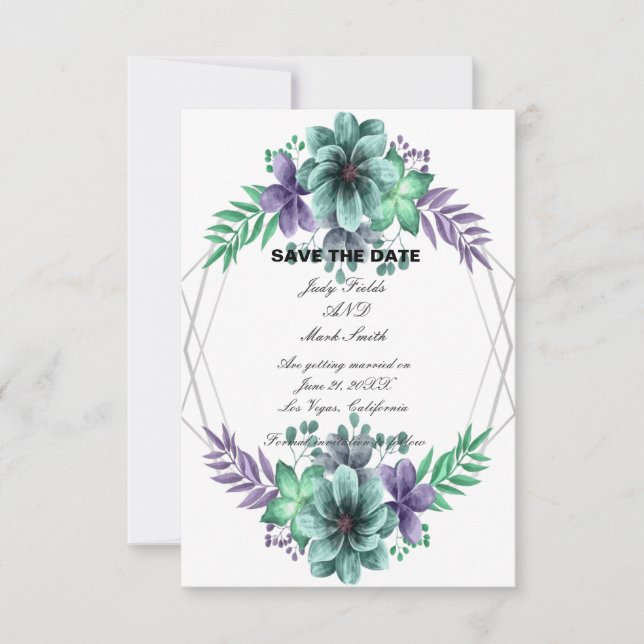 Grüne Lila Blumenkarte Save the Date (Vorderseite)