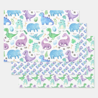 Grüne Lila Dinosaurier für Kinder Geschenkpapier Set