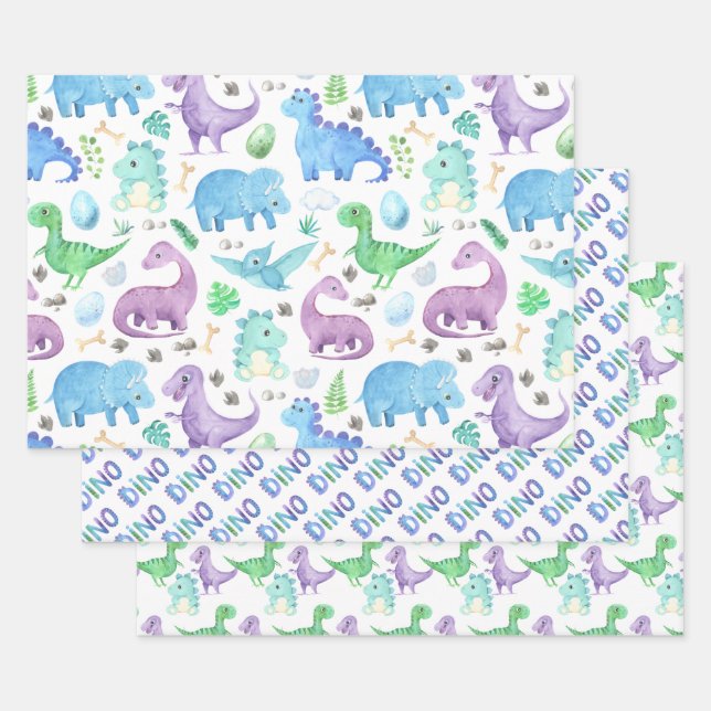 Grüne Lila Dinosaurier für Kinder Geschenkpapier Set (Set)