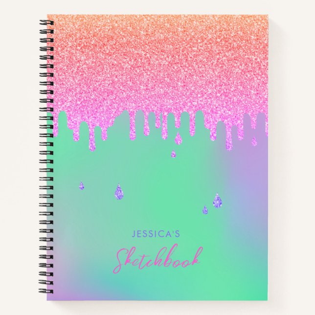Grüne Lila Holografie Rosa Orange Glitzer Tropfen Notizbuch (Vorderseite)