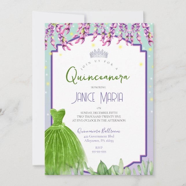 Grüne Lila und rosa Quinceañera Einladung (Vorderseite)