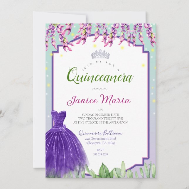 Grüne Lila und rosa Quinceañera Einladung (Vorderseite)