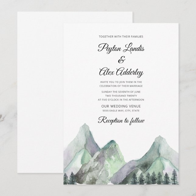 Grüne Lila Wasserfarbengebirge - Hochzeit einladen Einladung (Vorne/Hinten)