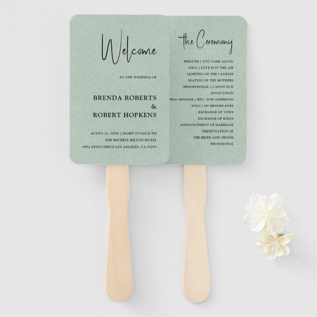 Grüne Linen Einfaches Schwarzes Skript Hochzeitsha Fächer (Vorne und Hinten)