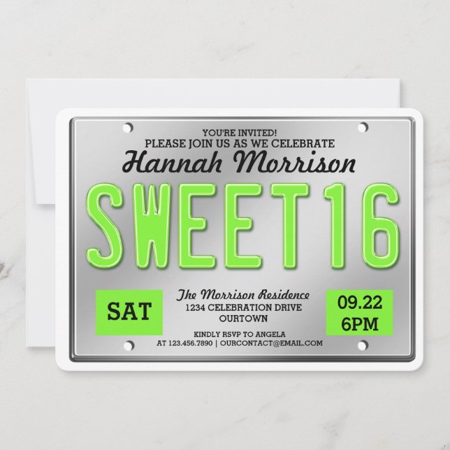 Grüne Lizenzplatte Sweet 16 Party Einladungen (Vorderseite)