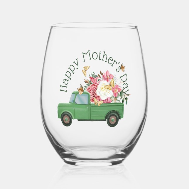 Grüne LKW Spring Bouquet Stemless Weinglas Weinglas Ohne Stiel (Vorderseite)