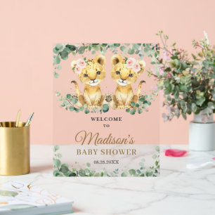 Grüne Löwen Zwillingsmädchen Baby Shower Willkomme Acrylschild