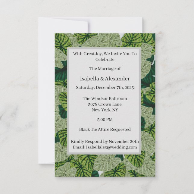 Grüne Lush Tropical Leaf Muster Hochzeit Einladung (Vorderseite)