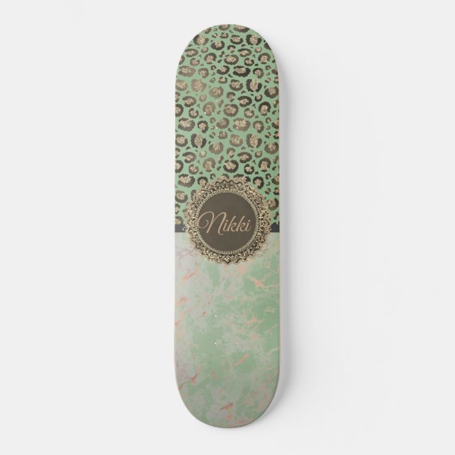 Grüne Marmor Glittery Gold Leopard Custom Skateboard (Vorderseite)