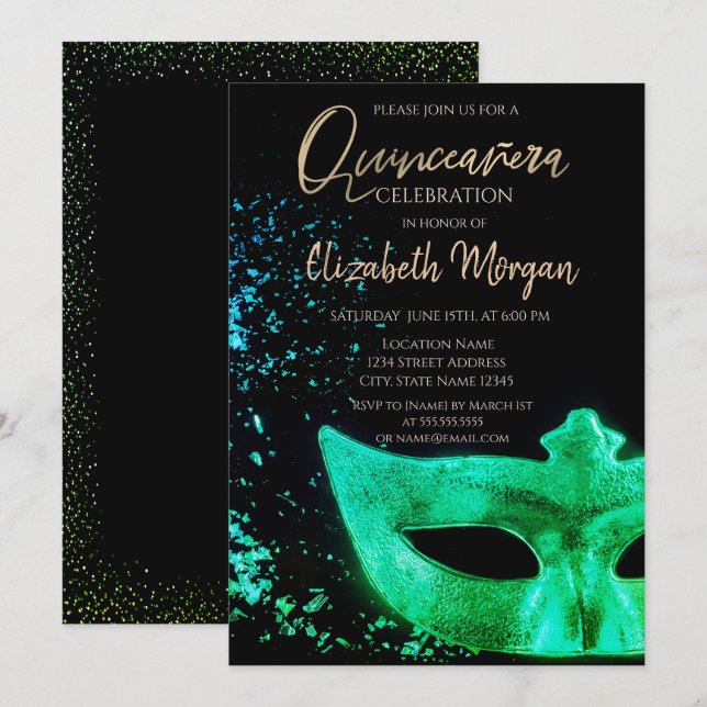 Grüne Masque, Confetti Quinceañera Einladung (Vorne/Hinten)