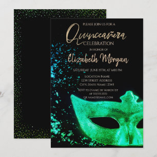 Grüne Masque, Confetti Quinceañera Einladung