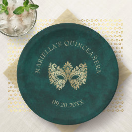 Grüne Masquerade Maske Elegante Quinceanera Pappteller